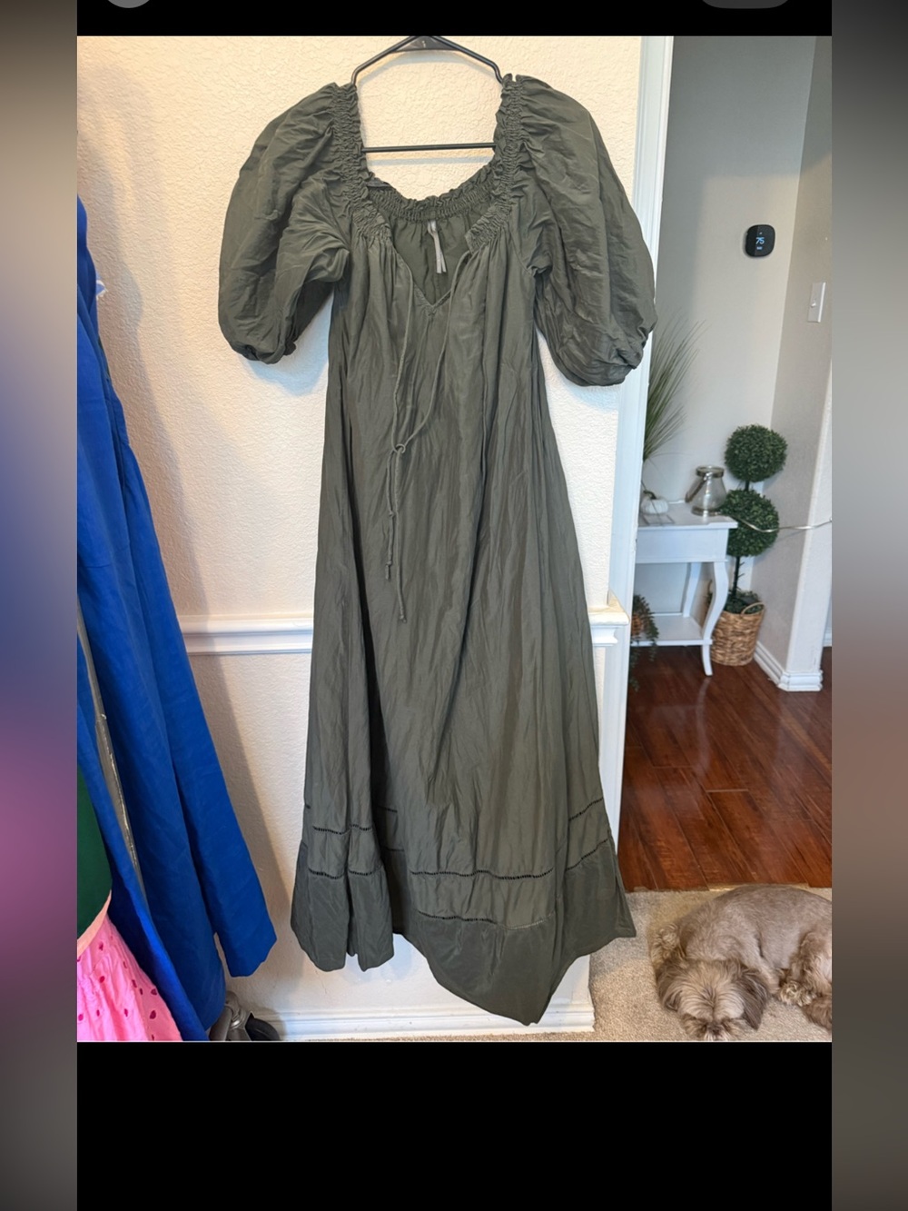 Anthropologie Olive Green Lace-Up Puff Sleeve Midi Dress large - Picture 10 of 10
